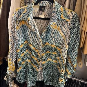 Just Cavalli Snake Patterned Button-Up Blouse in Teal & Yellow